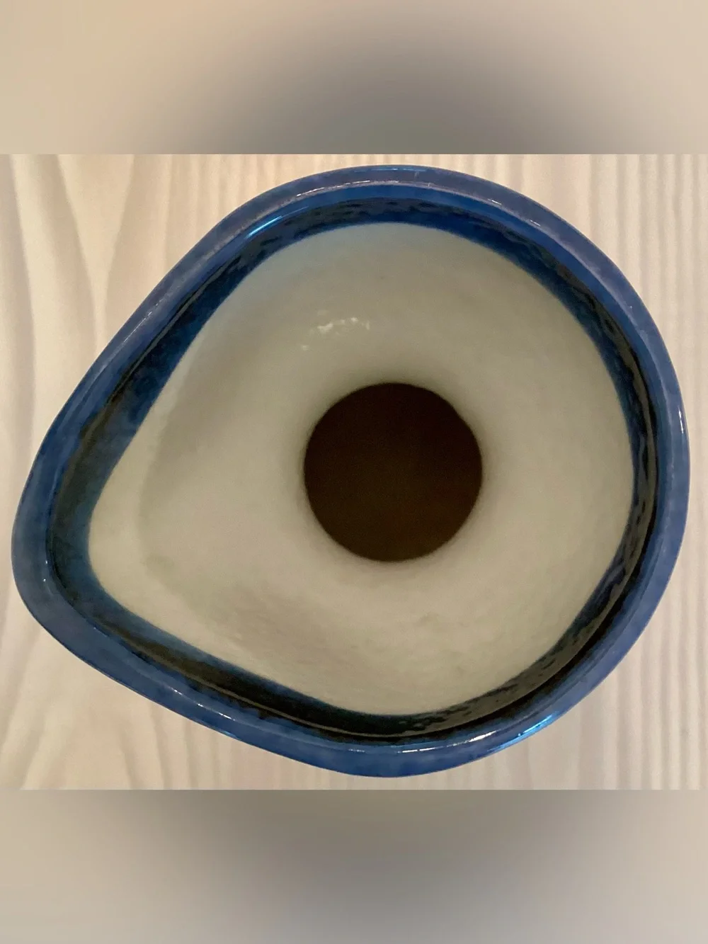 Pier 1 Imports Blue Rim White Ribbed Ceramic Sake Bottle Carafe Tokkuri Vase